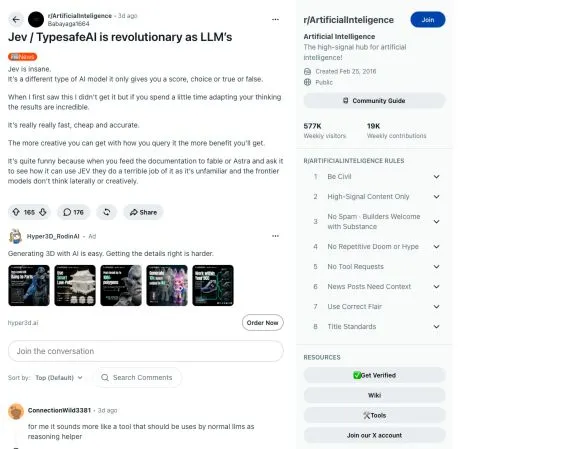 Jev 사용 경험을 긍정적으로 평가하는 Reddit 영어 원본 게시물. 작성자, 커뮤니티, 캡처 당시 추천 수가 보인다.