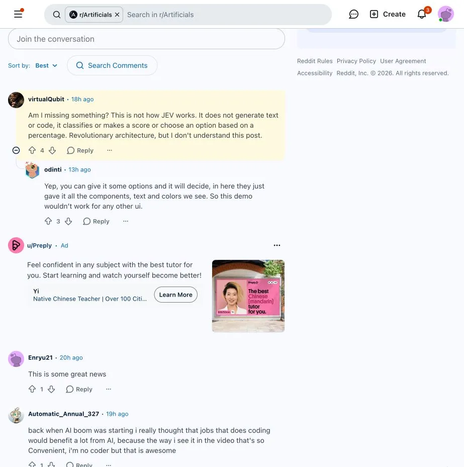 Jev의 판단과 텍스트·UI 코드 생성을 구분하는 virtualQubit과 odinti의 Reddit 영어 원본 댓글.