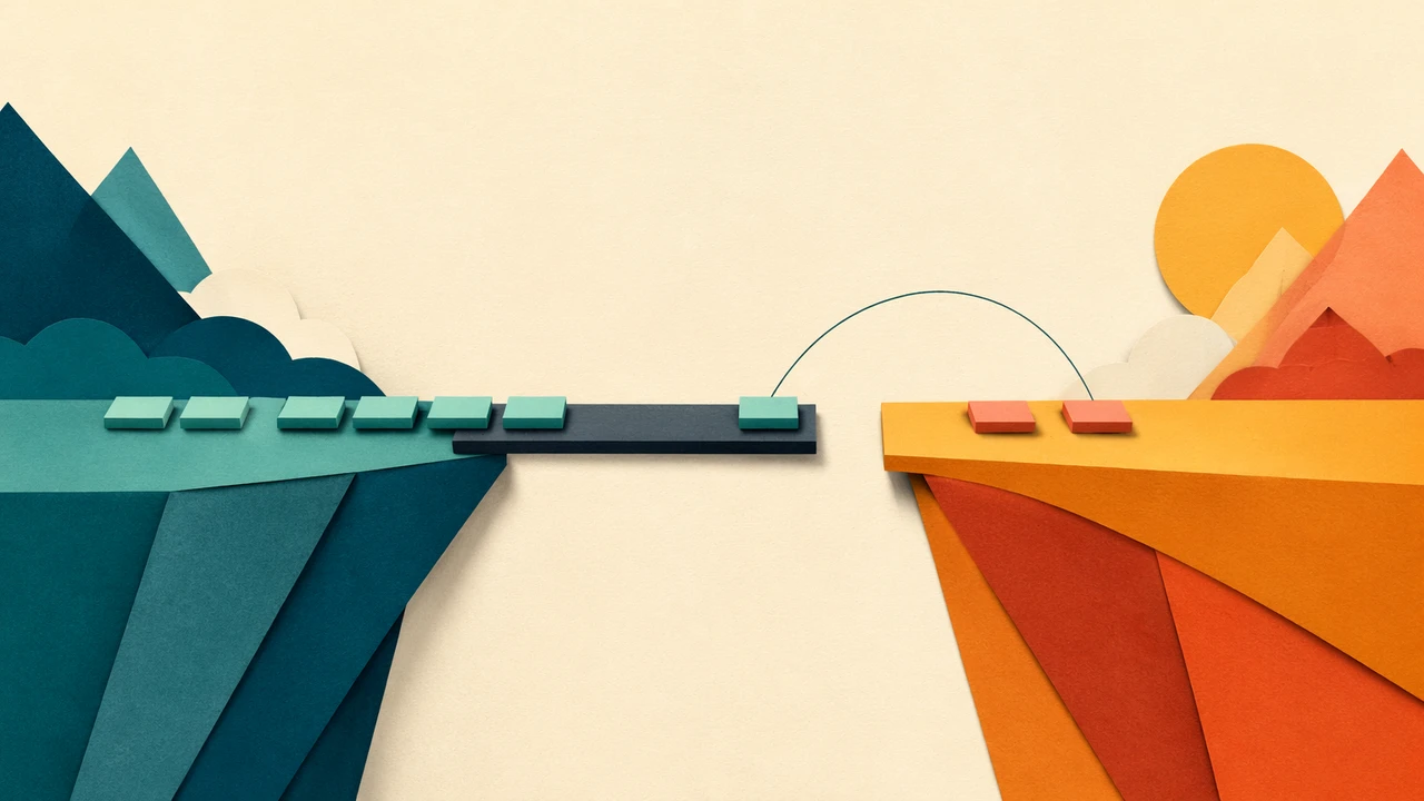 Two abstract cut-paper workstations joined by a bridge, config blocks crossing over it while one block stalls at a gap, editorial illustration