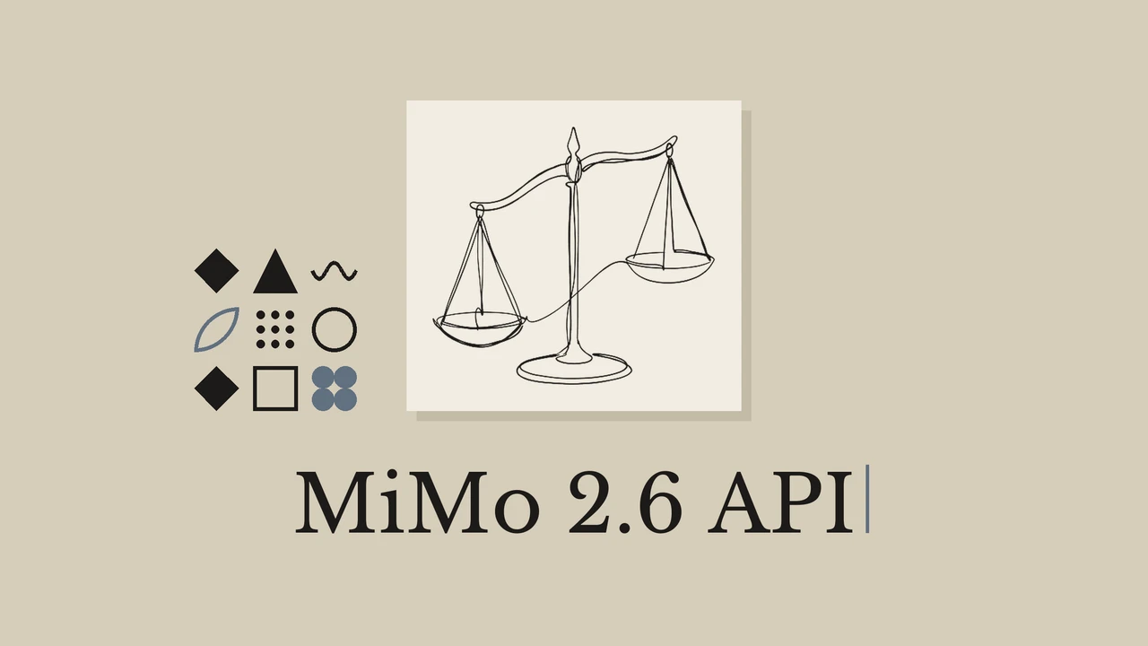 A balance scale line drawing on a pale card with the title MiMo 2.6 API.