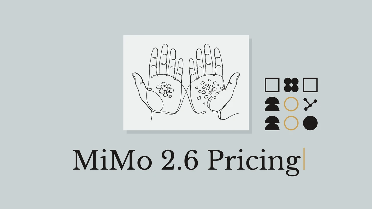 Two hands holding stones drawn on a pale card with the title MiMo 2.6 Pricing.