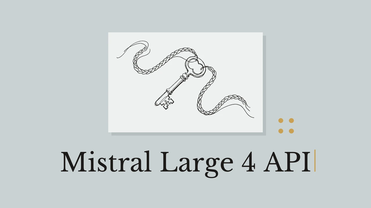 青みがかったグレーの背景とクリーム色の紙に鍵の線画、点の装飾、Mistral Large 4 APIのタイトルを配置した表紙