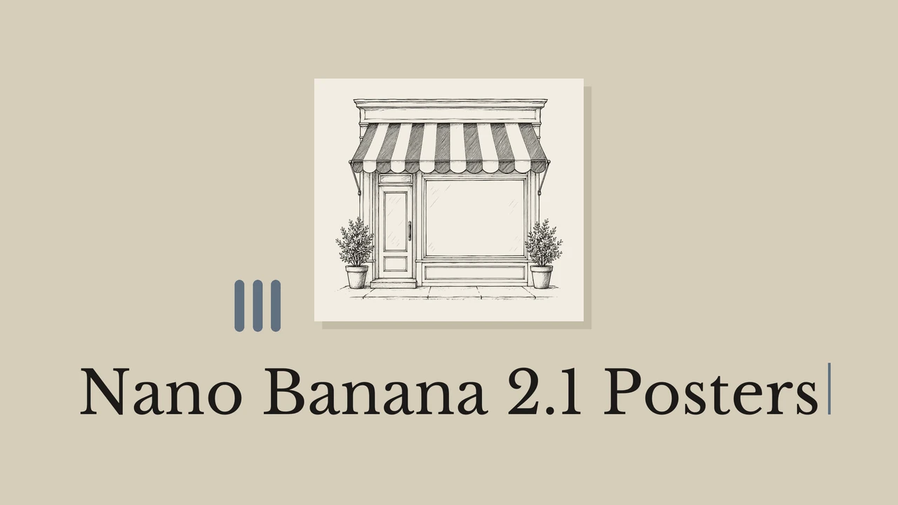 Black ink storefront on a pale card with geometric accents and a Nano Banana 2.1 title.