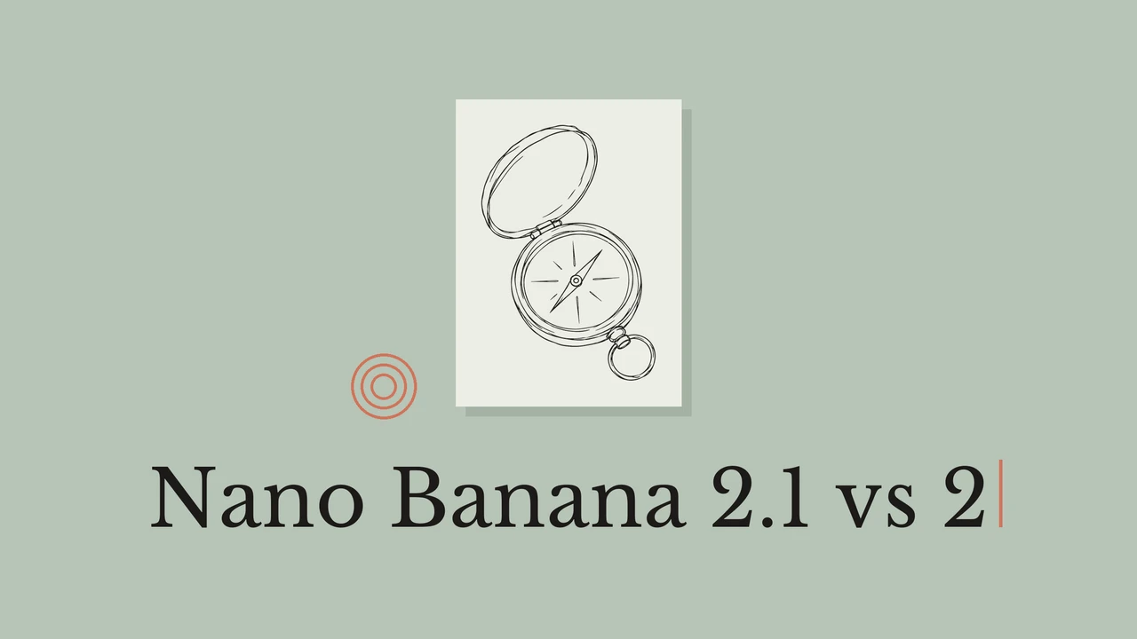 밝은 카드 위 나침반 선화, 기하학 장식과 Nano Banana 2.1 제목.