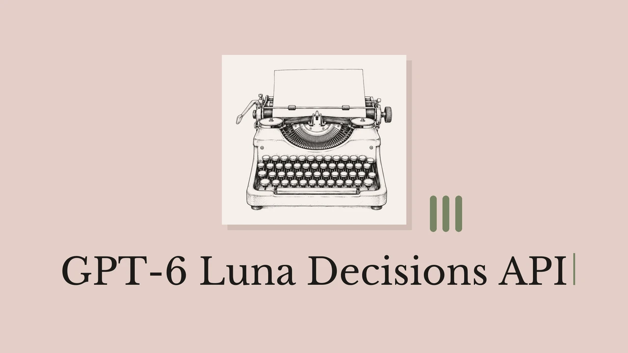 くすんだピンクの背景にタイプライターの線画、縦棒の装飾、GPT-6 Luna Decisions APIのタイトルを配置した表紙
