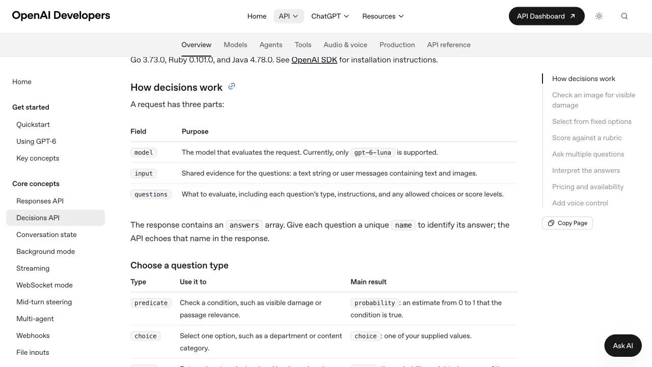 model、input、questionsの各フィールドと質問形式を示すOpenAI Decisions公式ドキュメントの画面
