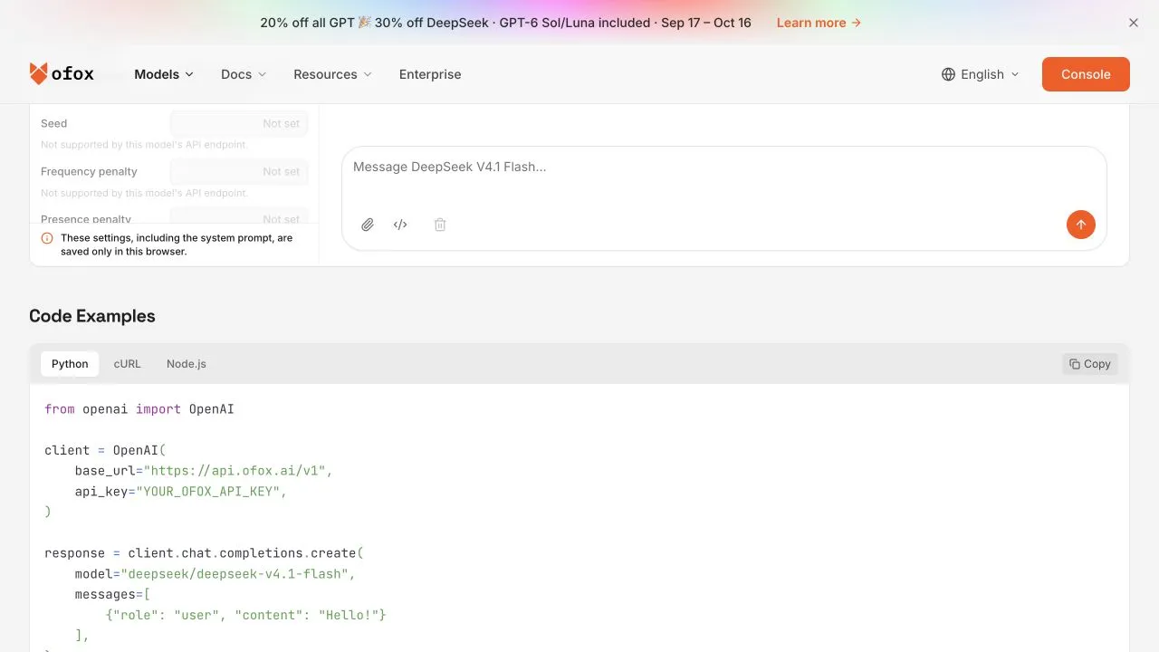 Ofox 公开英文 DeepSeek 代码示例中的 API 精确标识