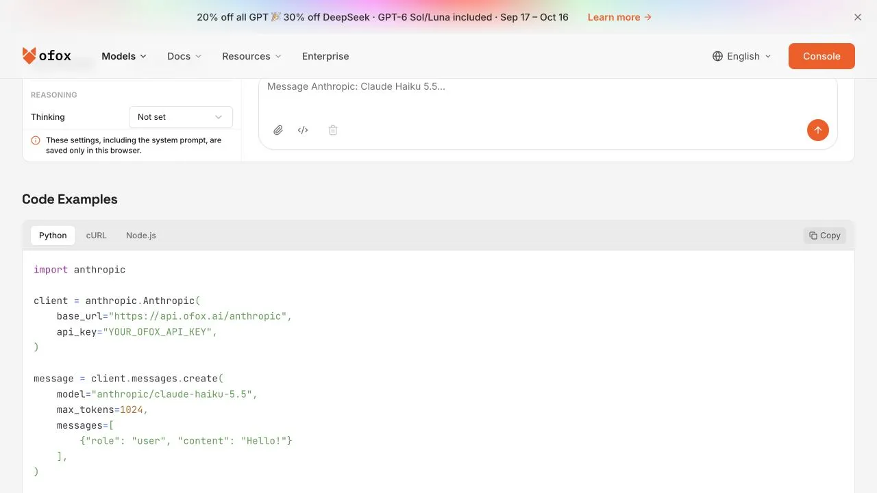 Ofox’s English Haiku code example showing the Anthropic base URL