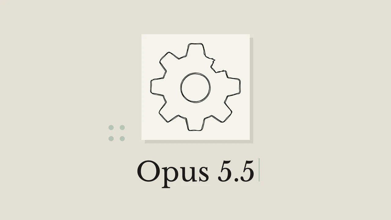 크림색 종이에 그린 톱니바퀴 선화와 Opus 5.5 제목, 차분한 색의 기하학 장식
