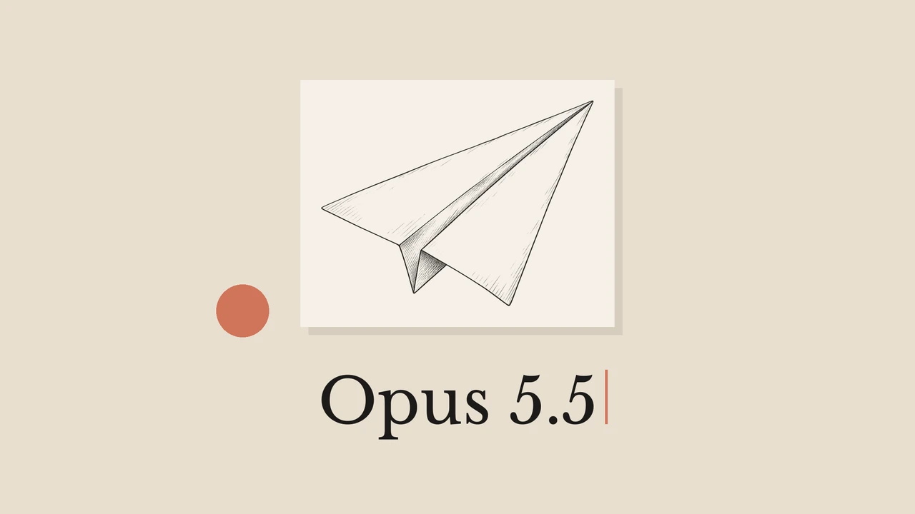 Paper airplane line drawing on cream paper, with an orange circle and the title Opus 5.5