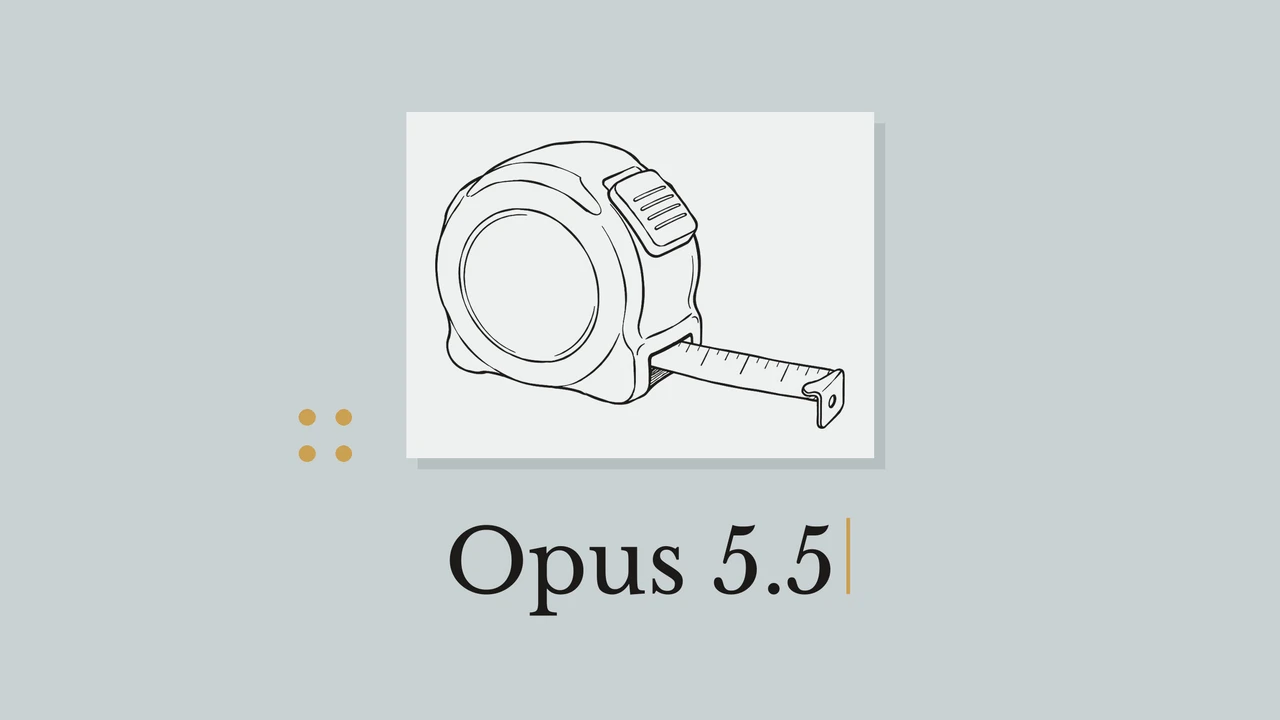 청회색 배경 위 옅은 종이에 그린 줄자 선화와 머스터드색 점, Opus 5.5 제목