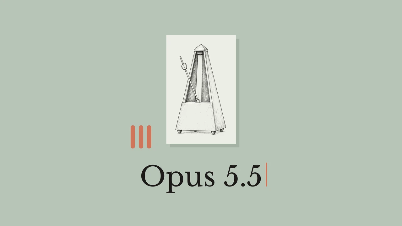 セージ色の背景に置いた淡い色の紙に描かれたメトロノームの線画。オレンジ色のバーと「Opus 5.5」のタイトル入り