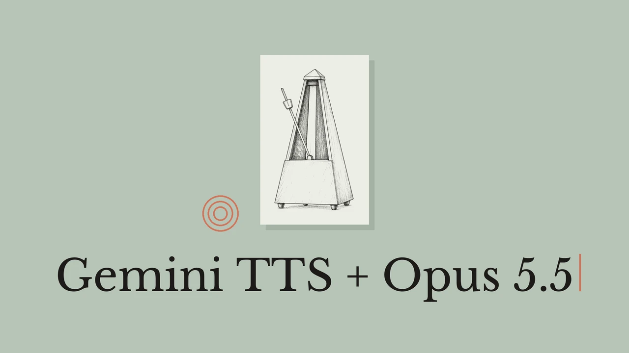 A metronome line drawing on sage green with the title Gemini TTS + Opus 5.5.
