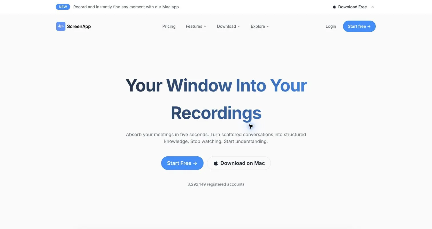 Главная страница ScreenApp с описанием записи и организации знаний.