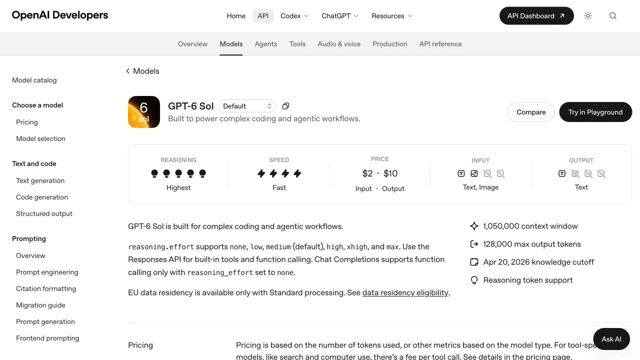 Англоязычная документация OpenAI с моделью GPT-6 Sol и условиями вызова инструментов