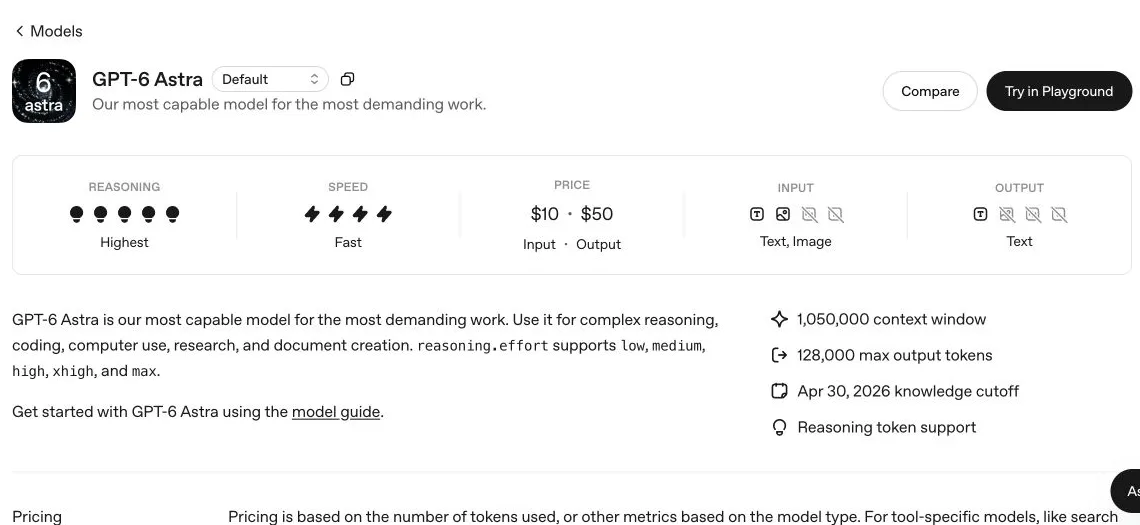 Astra specifications in OpenAI’s official documentation