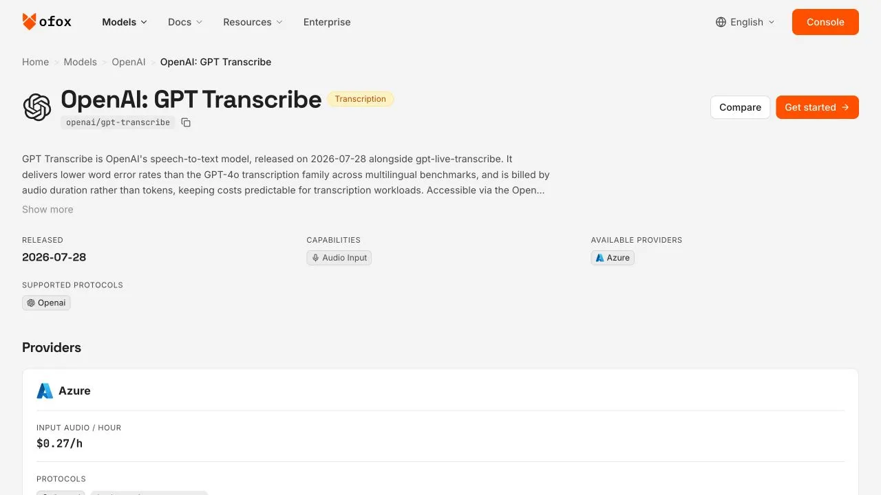 The English Ofox GPT Transcribe model page showing input audio priced at $0.27 per hour.
