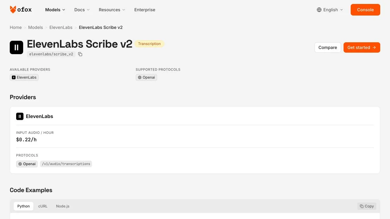 The English Ofox Scribe v2 model page showing input audio priced at $0.22 per hour.