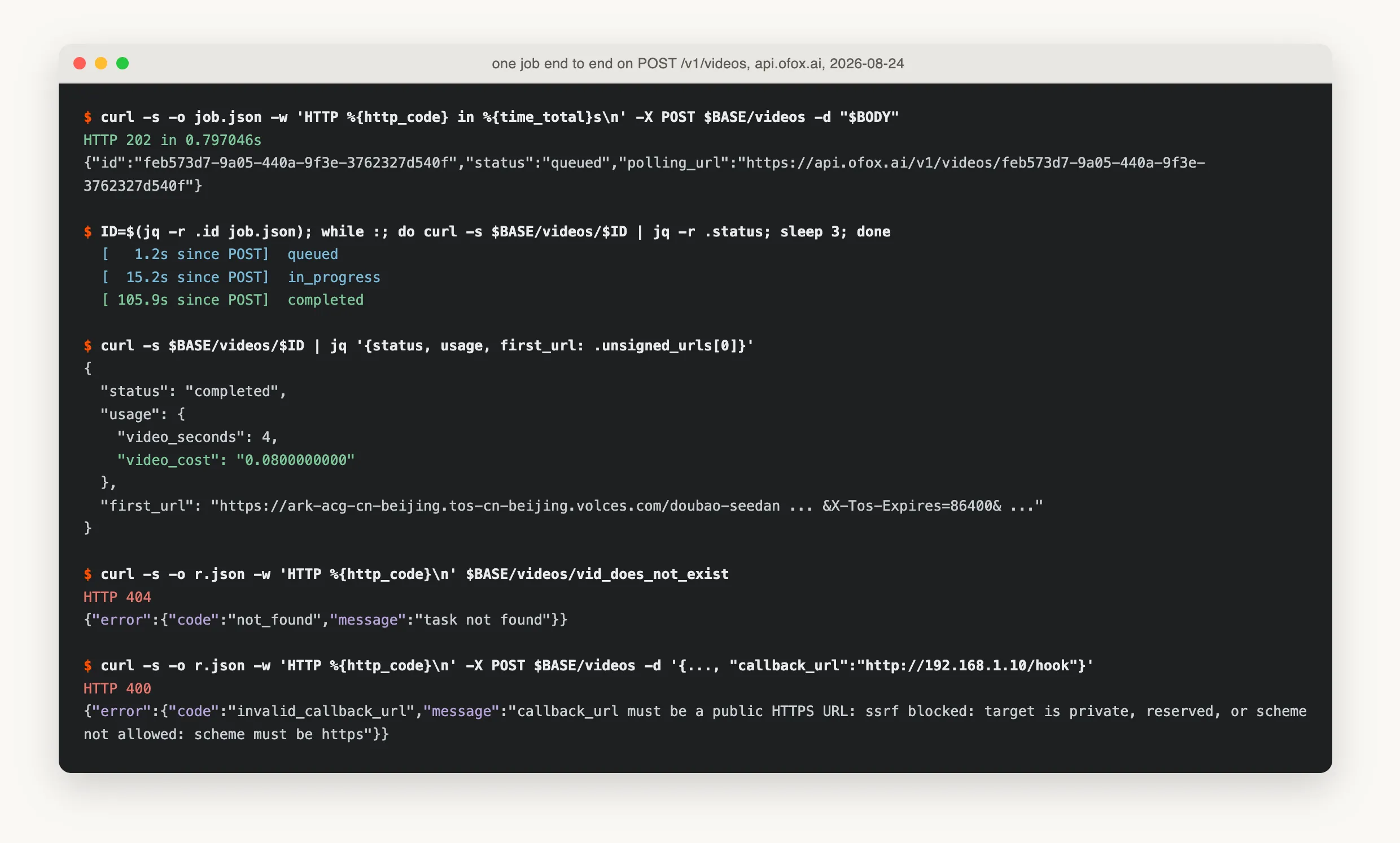 Terminal session showing a POST to the ofox video endpoint returning HTTP 202 in 0.797 seconds, a poll loop printing queued at 1.2 seconds, in_progress at 15.2 seconds and completed at 105.9 seconds, the completed body with usage video_cost 0.08, then a 404 for an unknown id and a 400 for a private-network callback URL