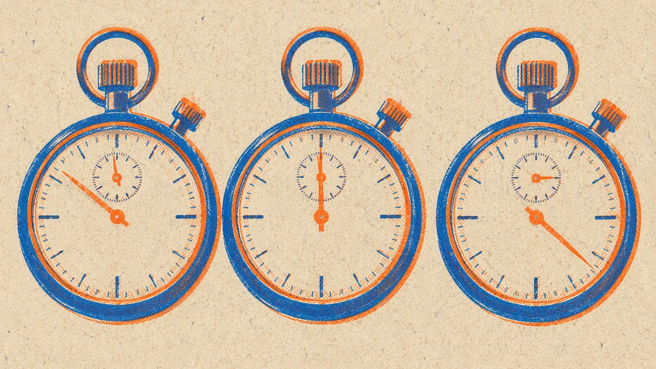 Three vintage stopwatches printed in blue and orange risograph ink, each with its hand stopped at a different position on the dial
