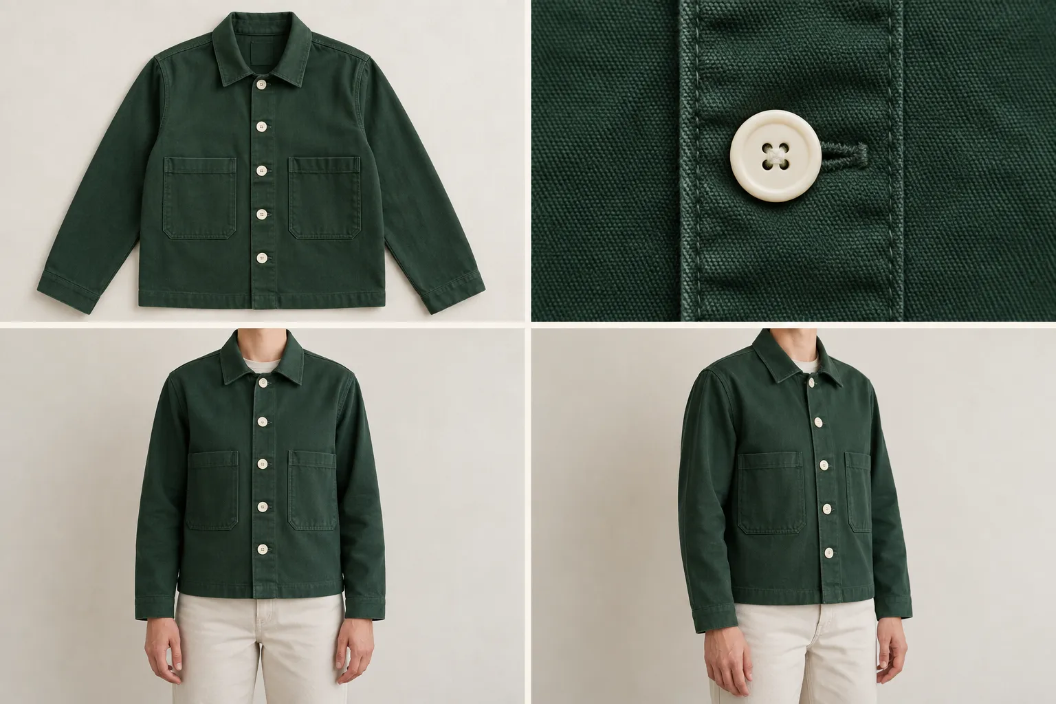 A four-panel practice board showing a green jacket flat lay, fabric detail and two worn views.