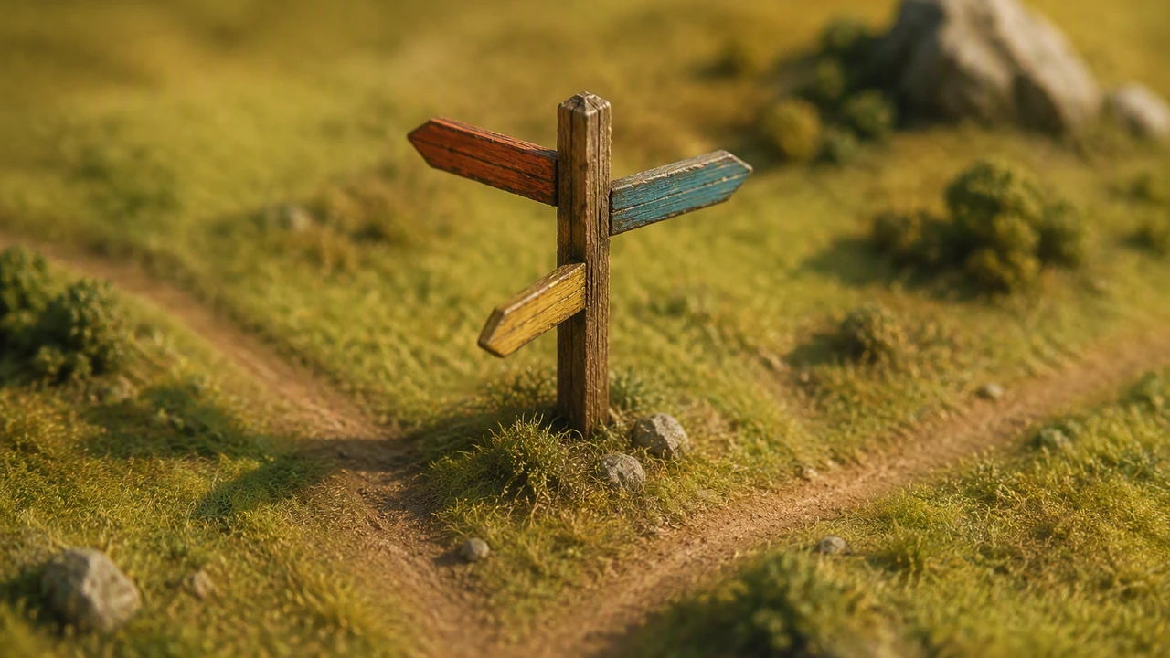 A weathered wooden signpost in a miniature grass field, its three painted arms pointing in three different directions