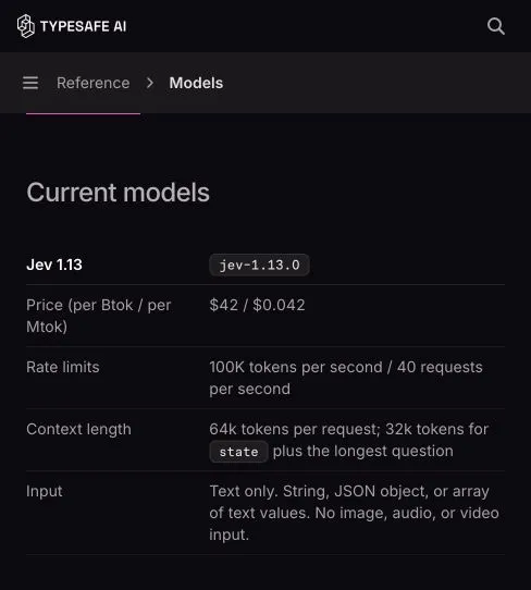 The official TypeSafe model page displays the Jev model and billing information.