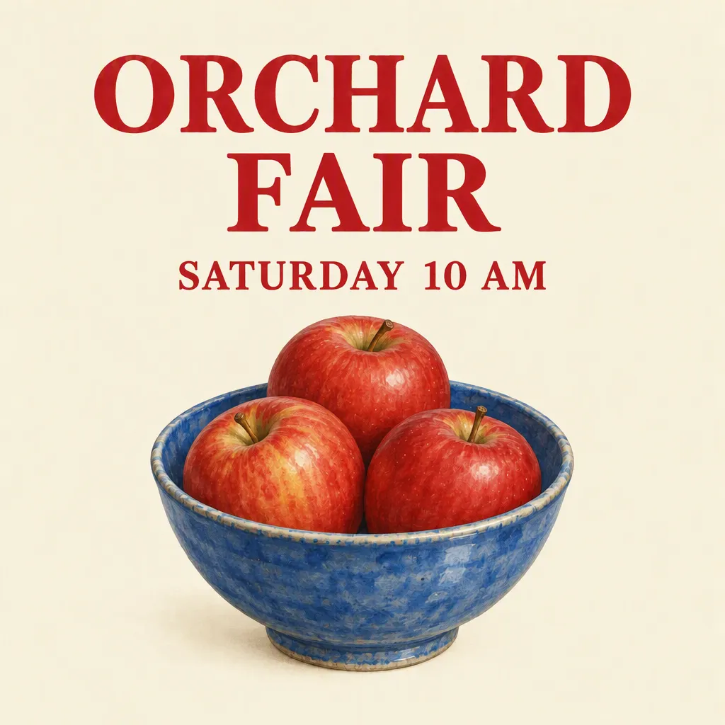 빨간색 ORCHARD FAIR 문구와 파란 그릇이 유지된 GPT Image 2.5 Flare 편집 포스터