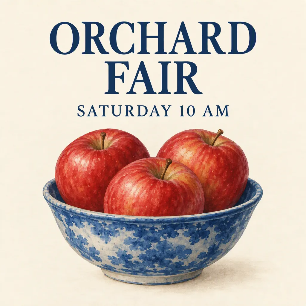 짙은 파란색 ORCHARD FAIR 문구와 파란 그릇이 유지된 GPT Image 2.5 Sunburst 편집 포스터
