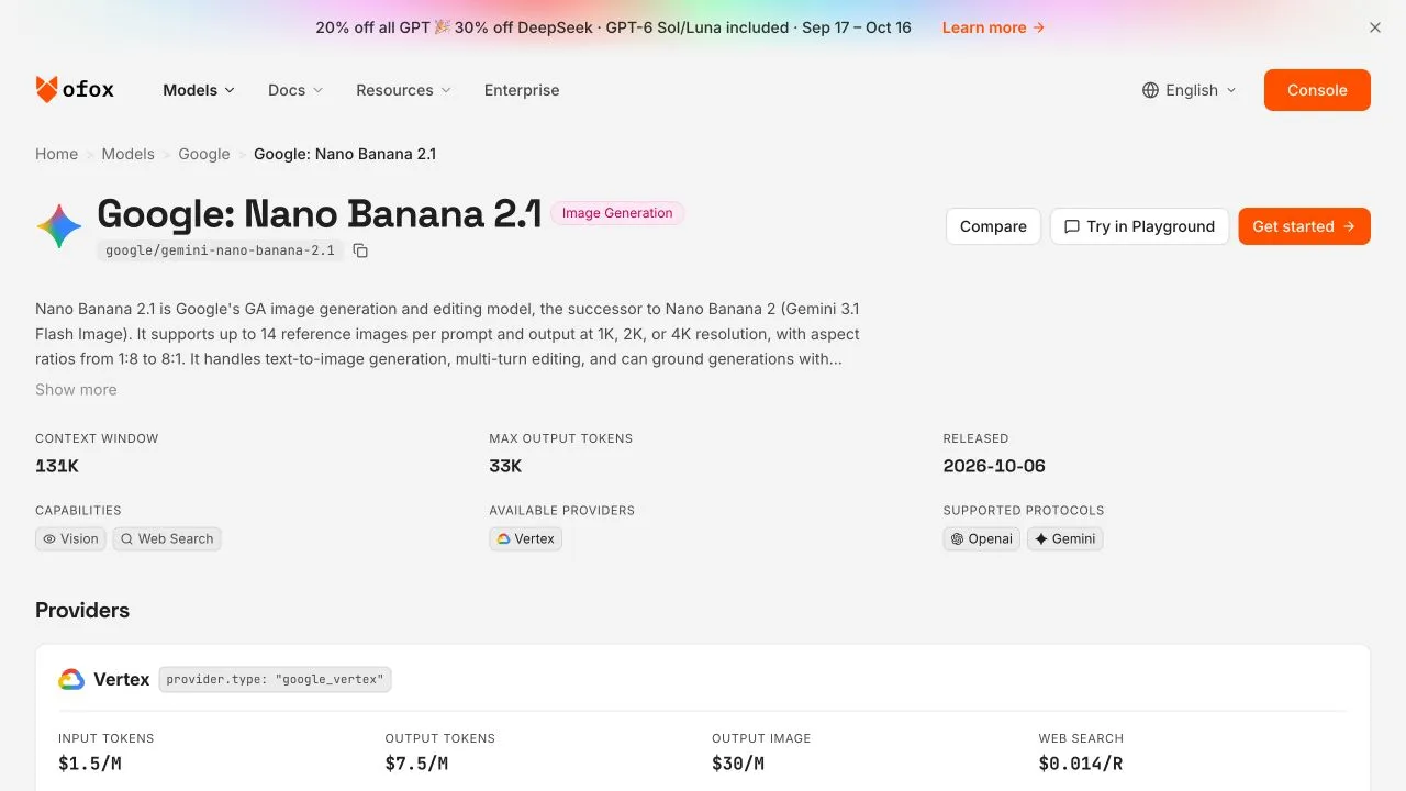 Public English Ofox model page showing the Nano Banana 2.1 listing, protocols, provider and Playground entry