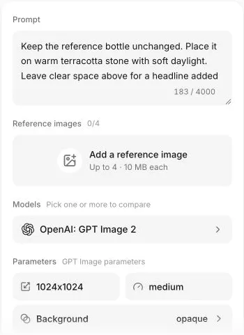 Ofox Image interface showing an example prompt, reference upload, GPT Image 2 and image parameters.