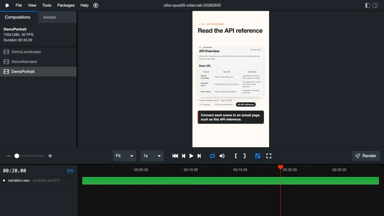 Real Remotion Studio showing the portrait composition, cropped API page and subtitle band