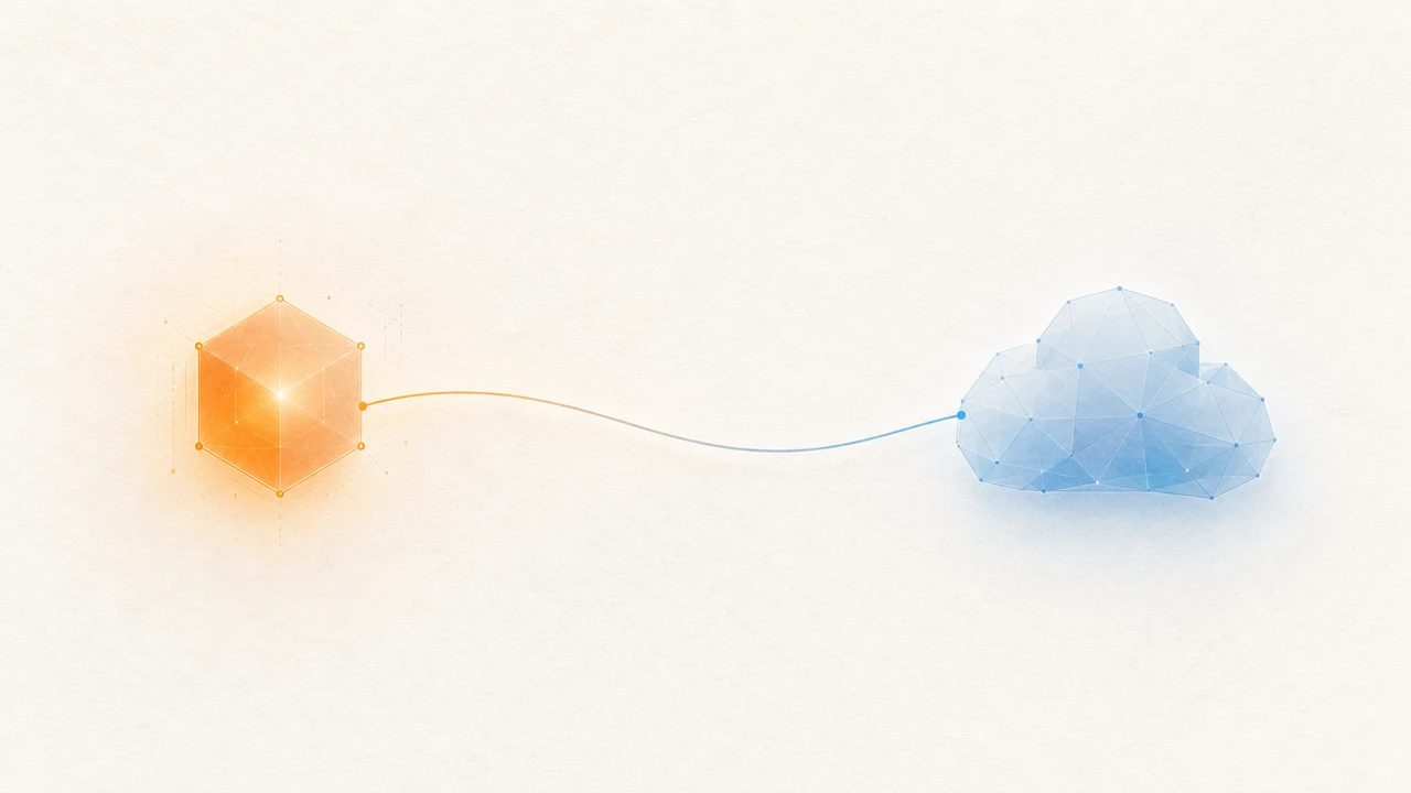 Abstract two-node composition contrasting a warm hexagonal local-GPU symbol with a cool translucent cloud-API polygon, connected by a thin gradient line.