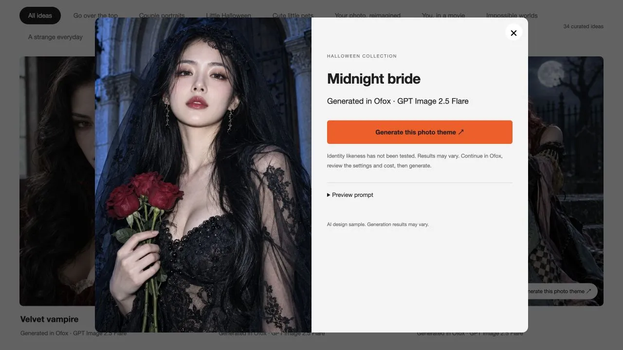 The English Midnight bride preview in Ofox shows the actual sample, prompt disclosure and Generate this photo theme button.