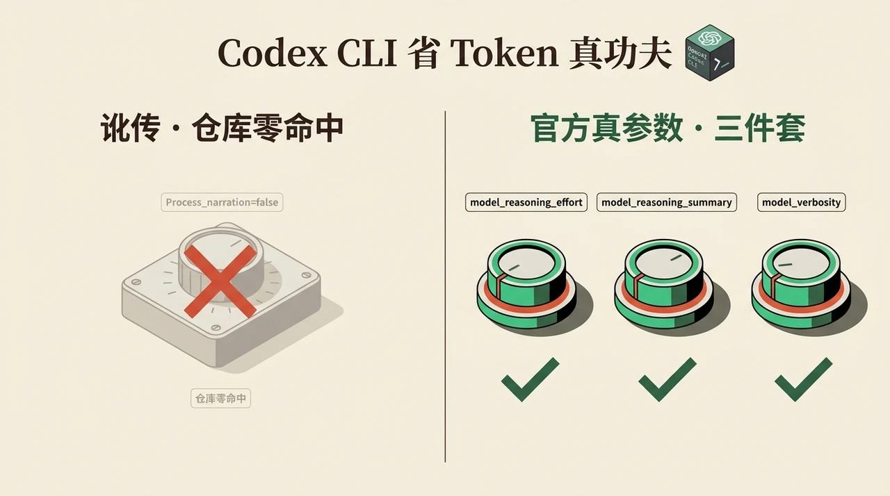 Codex CLI 省 token 真伪参数对照概念图：三个真实旋钮 reasoning_effort、reasoning_summary、verbosity