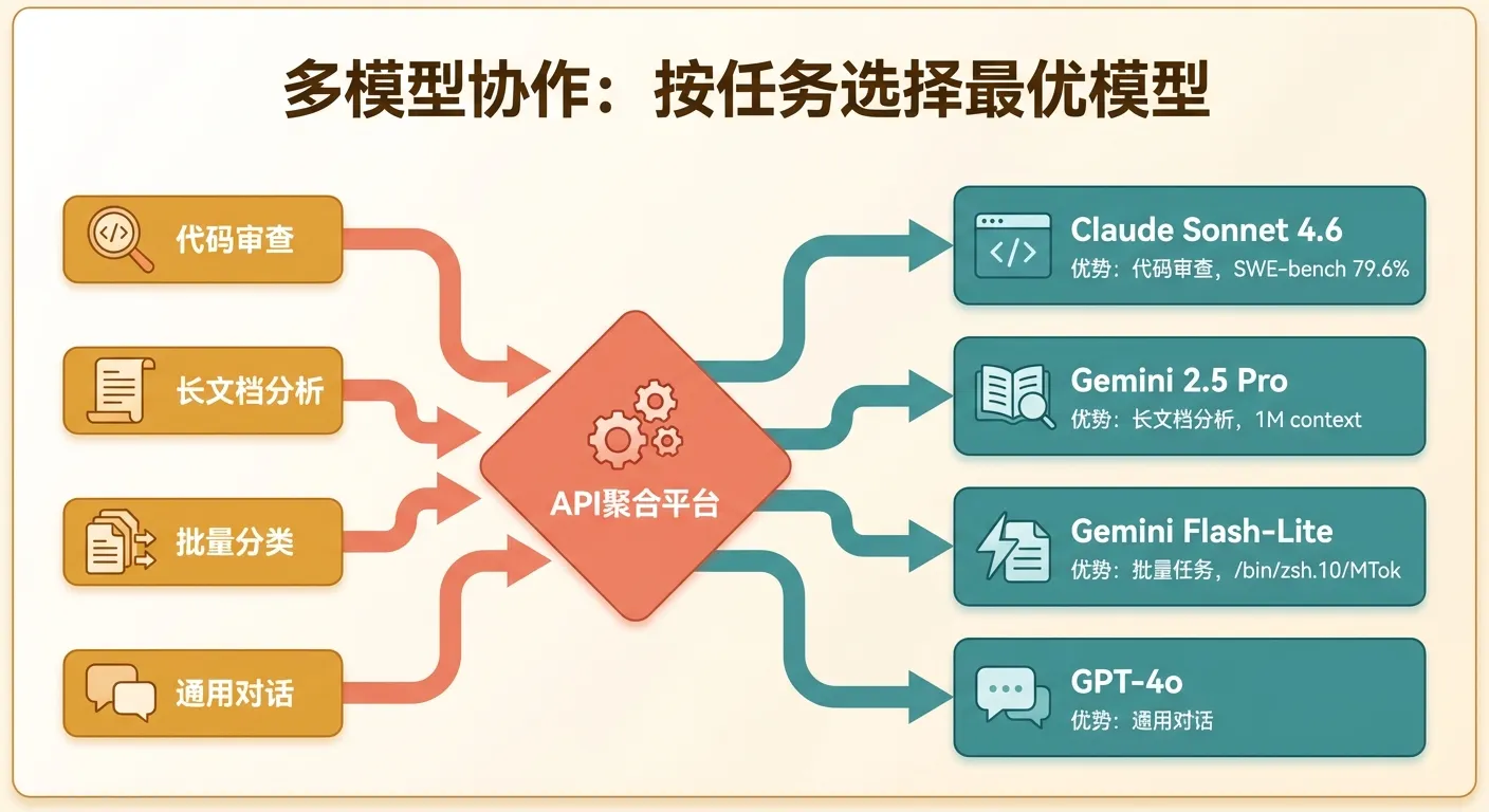 多模型协作：按任务类型路由到最优模型，通过 API 聚合平台统一调用