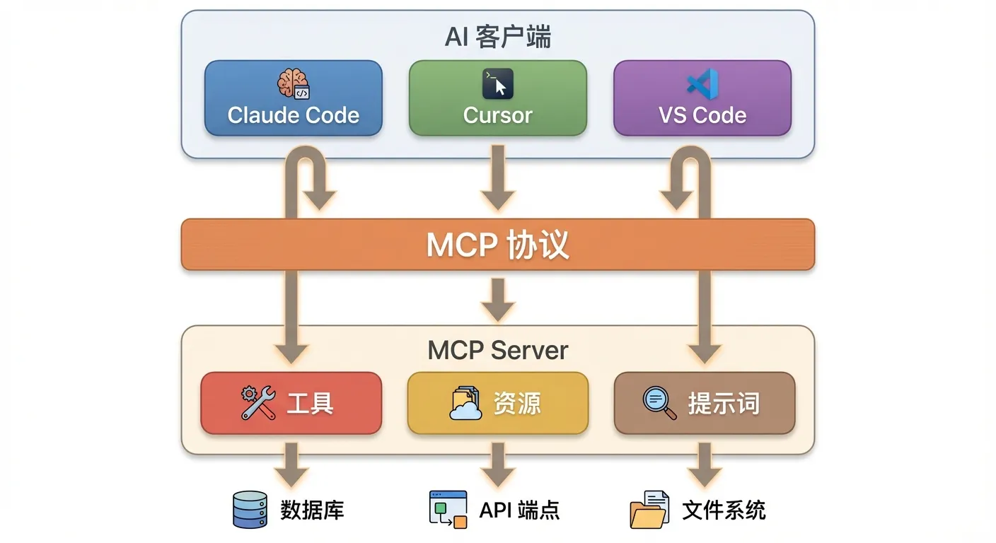 MCP 三层架构：AI 客户端 → MCP 协议 → MCP Server → 外部资源