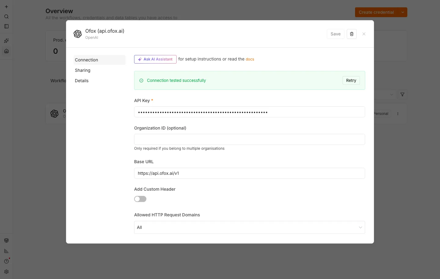 n8n 2.36.9 的 OpenAI 凭据弹窗,从上到下依次是绿色的 Connection tested successfully 提示、API Key、Organization ID、Base URL 一栏填着 https://api.ofox.io/v1、Add Custom Header 开关和 Allowed HTTP Request Domains 下拉