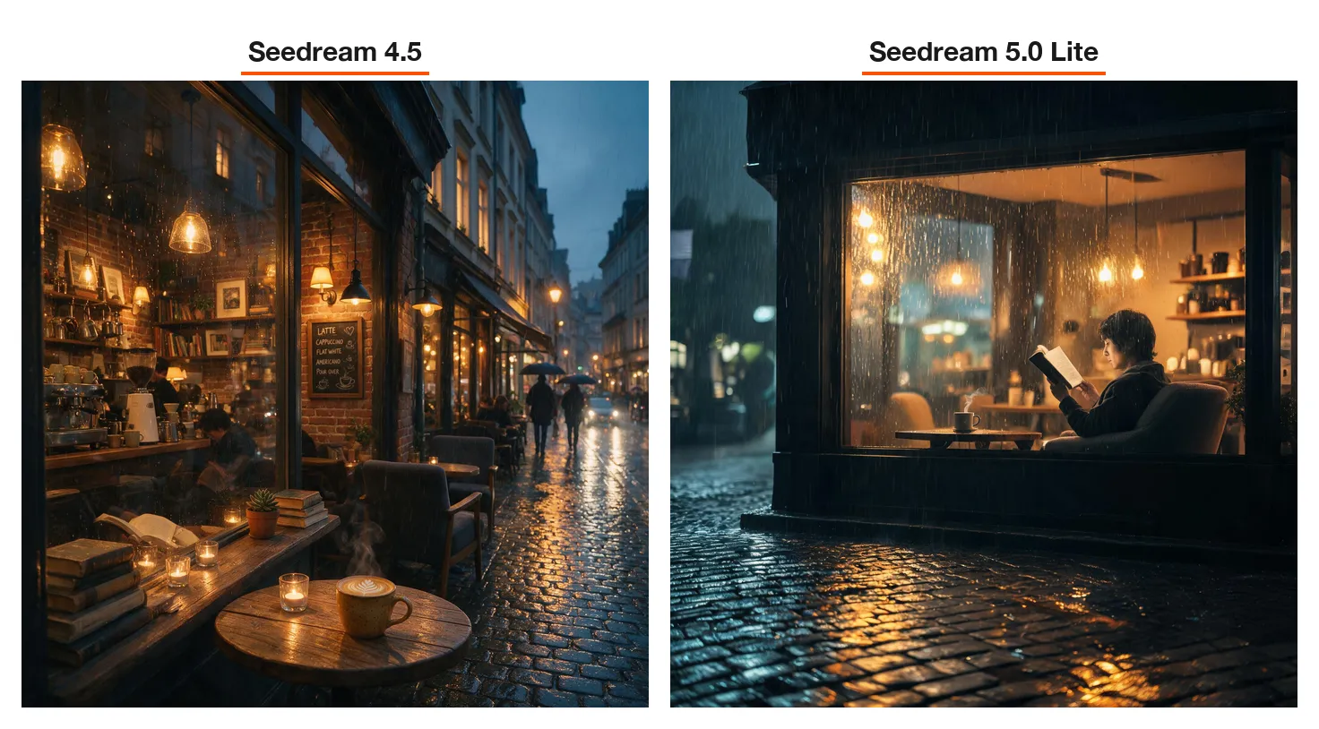 雨の夜のカフェのシーン、Seedream 4.5 と 5.0 Lite の1枚ずつ比較