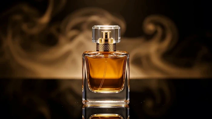 Amber Perfume and a Model Amid Golden Smoke