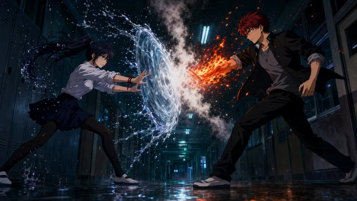 Water vs fire, night school corridor