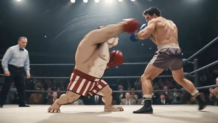 Cartoon bulldog vs. live-action boxer