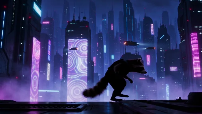Fine clay-model re-render, cyberpunk rooftop raccoon