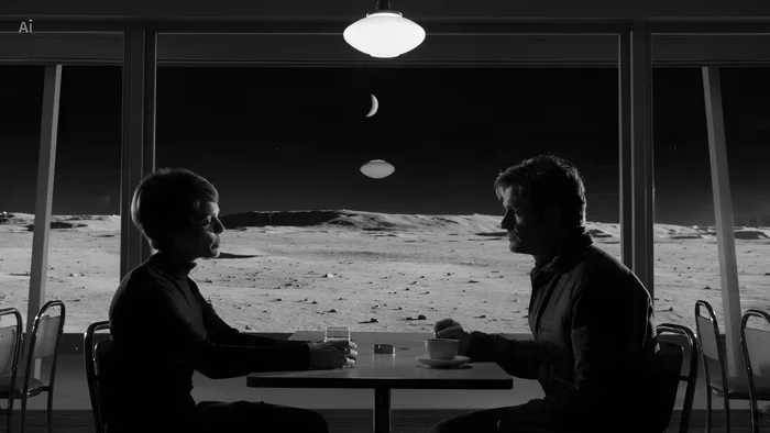 Late-night conversation in a lunar cafe