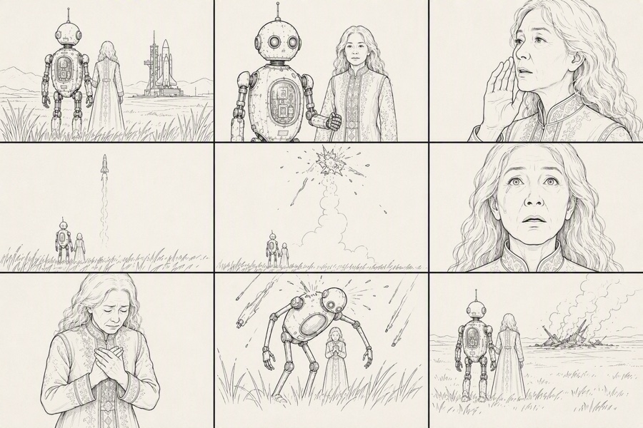 Guardian robot and grandmother, nine-shot storyboard · Imagem de referência · image1 storyboard grid
