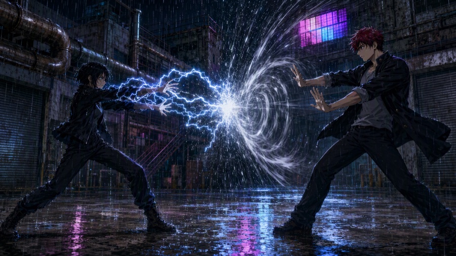 Arc vs wind, flooded factory courtyard · Primeiro fotograma · 开场帧
